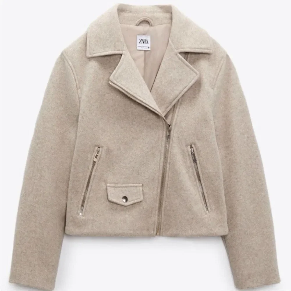 ZARA Soft Lapel Collar Crossover Asymmetric Moto Jacket Size S Camel